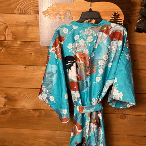 Beautiful Authentic Japanese Vintage Floral Geisha Teal Kimono Robe cotton Japan - Picture 7 of 12